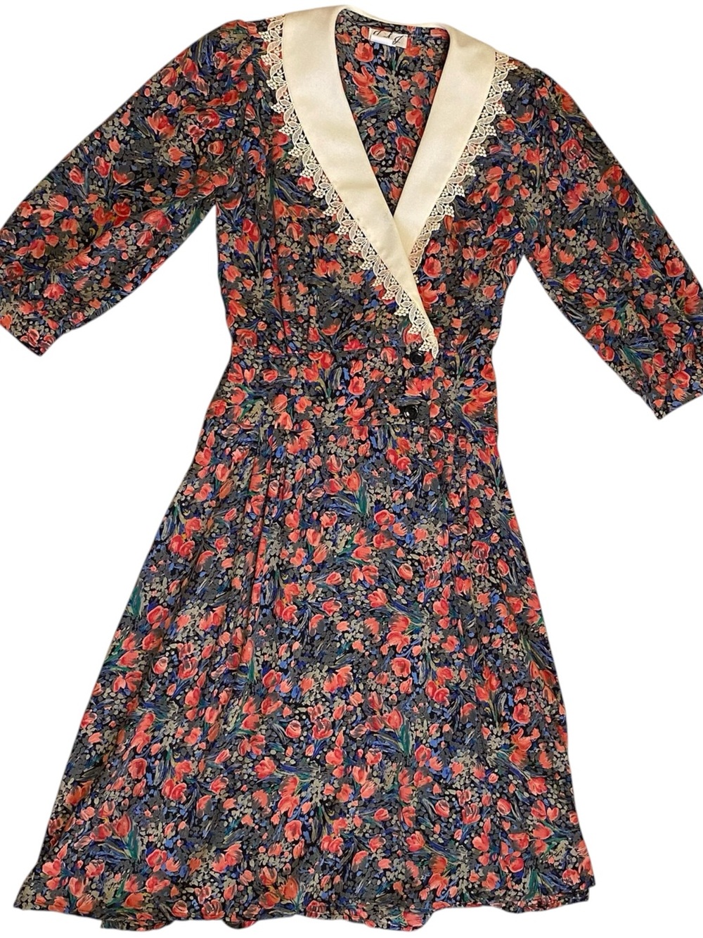 Vtg 1970s Lace Collar Button Wrap Floral Dress Prairie Revival Cottagecore Sz XS